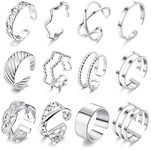 JeweBella 12 Stück Offene Ringe Set für Damen Edelstahl Knöchel Ringe Silber/Gold Stapelbare Ringe für Frauen Daumenring Trendy Stapelringe Set Minimalistischer Fingerringe Set