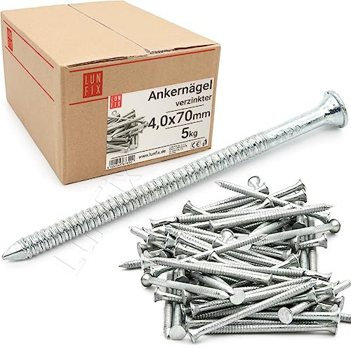 Lun Fix Chiodi di ancoraggio 4,0 x 70 mm – 5 kg | Chiodi in legno per lavori di costruzione, chiodi zincati, chiodi scanalati lunghi 70 mm | spilli per falegnameria, strutture di tetto, carpenteria