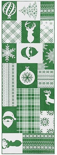 CAROMIO Weihnachts Flur Teppich, rutschfest Waschbar Elch Weihnachtsmann Schneeflocke Teppich Bodenteppich für den Eingangsbereich Küche Wäscherei Weihnachten Feiertagsdekoration, Grün 60 x 230 cm
