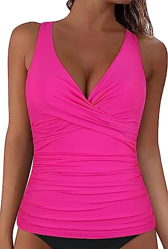 Mycoco Women's Underwire Tankini Top Only Tummy Control V Neck Push Up Swim Top Ruched Bathing Suit Tops Hot Pink US 14
