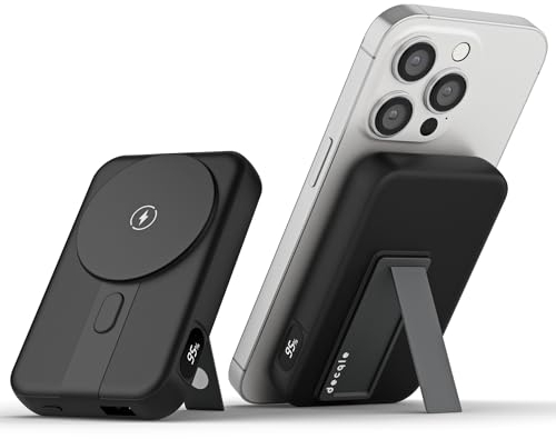 decqle 001 Magnético Power Bank, Bateria Externa Inalámbrico 10000mAh Power Bank, Plegable Soporte Batería Portátil Cargador Compatible con MagSafe para iPhone 12/13 / 14 Serie 2023 (Negro)