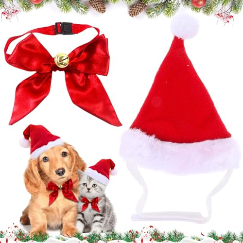 2 Stück Weihnachten Hundekostüm, Haustier Kostüm Weihnachten Kleidung Weihnachtsmütze und Halsband für Hund Katze, Rot Hund Weihnachten Mütze Deko Weihnachts Outfit Geschenk