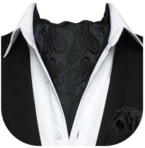 HISDERN Herren Krawattenschal Schwarz Hochzeit Elegant Seide Halstuch und Einstecktuch Set Paisley Ascot Krawatte mit Taschentuch für Männer