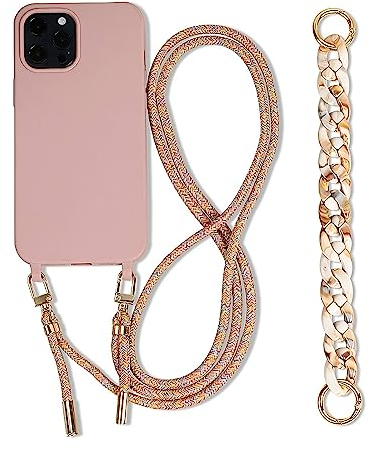 FIFTHAVE Handykette iPhone 15 pro Hülle mit Armband,Necklace Handyhülle mit Band Schutzhülle Silikon iPhone 15 pro Silikon Case Cover mit Kette Lanyard TPU Stossfest Cover 6.1 Zoll Sandrosa