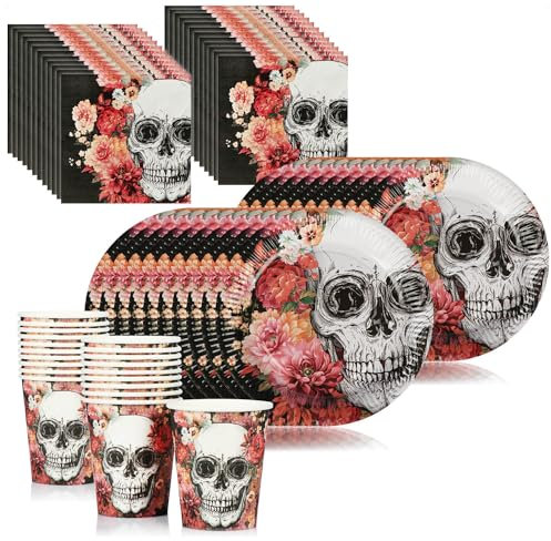 com-four® 64-teiliges Party-Set Dia de los Muertos - Papp-Teller, Papp-Becher und Servietten mit Totenkopf - Deko-Set für Halloween, Tag der Toten, Mottoparty oder Kindergeburtstag (Set 5-64 Teile)