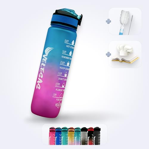 Velesas® 1l Wasserflasche mit motivierender Zeitmarkierung | Trinkflasche aus Tritan mit Strohhalm | Sportflasche für Schule, Arbeit, Fitnessstudio, Büro, Fahhrad, Wandern | BPA-Frei | Blau/Rosa