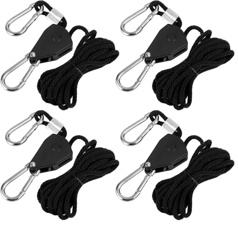 Seil Ratsche mit Haken Duty 4 STK Ratchet Hanger Verstellbarer Seilaufhänger Ratschenseil Seilzugratsche Seil Seilhaken Ratsche Seilratsche 2M,1/8 Zoll für Pflanzenventilator Licht