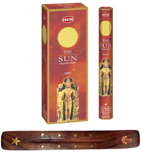 HEM Räucherstäbchen Precious Sun, volle Box mit 6 Stück mit DHS Räucherstäbchenhalter für Yoga, Meditation, Heilung, Spiritualität, Aromatherapie, Weihrauch-Spa und Entspannung