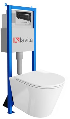 Lavita LAV 101 Vorwandelement für WC 40cm + Wand Hänge Tiefspül WC GALVE Weiß Spülrandlos + Bedienplatte LAV 200.1.2 Verchromt | Komplettset | Unterputz Spülkasten | Toilette Komplett Sett