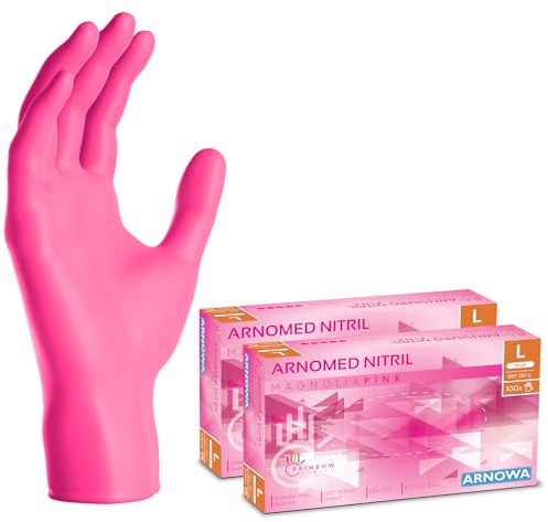 ARNOMED gants jetables rose, gants nitrile taille L, gant jetable 200 pièces (2 boîtes), gants en nitrile non poudrés & sans latex, gants jetable cuisine, gants a usage unique en XS, S, M, L & XL