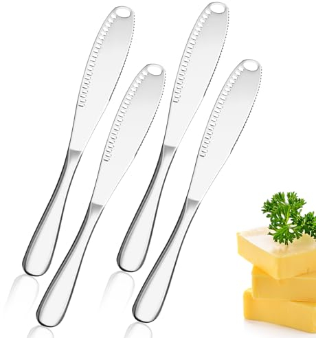 UNISOPH Butter Knife, 3 in 1 Stainless Steel Butter Knives Butter Spreader with Serrated Edges and Scraping Holes Easy Spread for Cutting and Spreading Butter Cheese Peanut Butter Jam(Silver 4pcs)