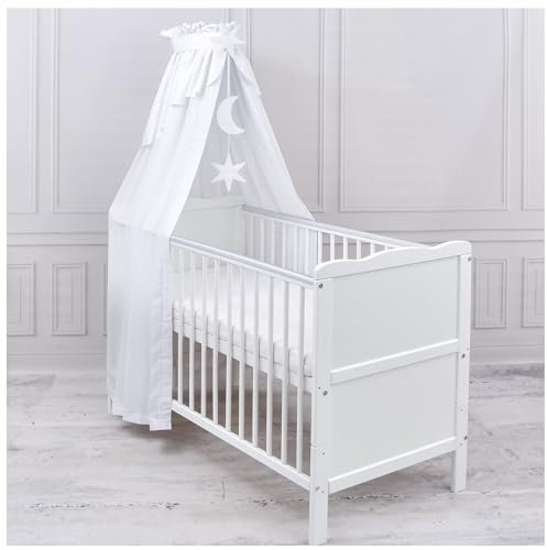 Generisch Baby Delux Babybett Himmel Betthimmel Chiffon Baldachin für Babybett Kinderbett Wiege Stubenwagen Himmelstange Applikationen Deko (Weiß, ohne Himmelstange)