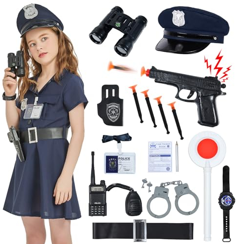 FORMIZON 18 Stück Polizei Kostüm Mädchen, Polizei Ausrüstung Handschellen Polizeiabzeichen Gürtel Handschellen Spielzeug Set, Mädchen-Polizistenkostüm für Karneval Cosplay, Mottopartys, Fasching