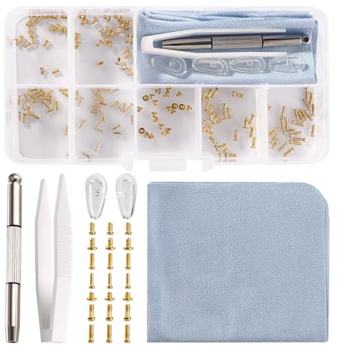 YIXISI 140 Pièces Kit D'outils de Réparation de Lunettes, Kit de Vis de Réparation de Lunettes, avec Tournevis, Pincette, Plaquettes de Nez en Silicone, Chiffon de Nettoyage, Or
