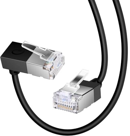 Dutevolns Câble Ethernet Ultra Fin Cat 6 avec angle de 90° vers le bas 1.5m, RJ45 Flexible et Compact Cat 6a Câble LAN Gigabit pour PC, Routeur, PS4/5 (Noir)
