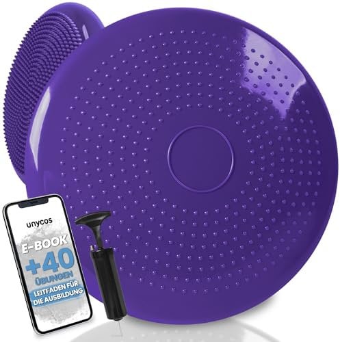 unycos - Ballsitzkissen inkl. Pumpe【Ø34 cm | Trägt 150 kg】Orthopädisches Sitzkissen Anti-Burst, Noppenkissen, Balance Pad, Luftkissen für Bürostuhl, Fitness, Reha/Koordinations (Lila; Basic)