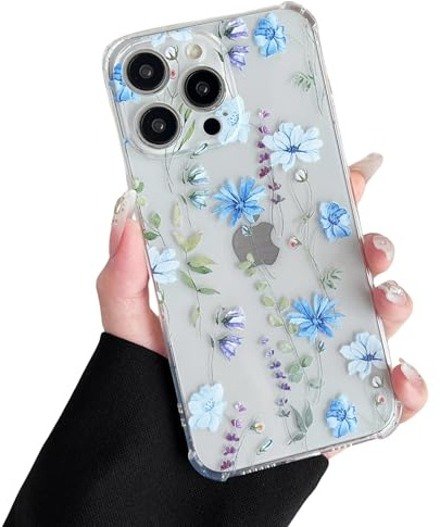 DEFBSC Case for iPhone 15 Pro, Cute Clear Floral Flower Pattern Design for Girls Women Slim Fit Shockproof Soft TPU Bumper Protective Cover - Blue