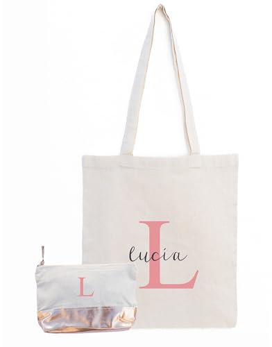 Pack Bolsa de algodón 180 gr/m Personalizada con INICIAL y NOMBRE y Neceser de 220 gr/m Personalizable | Regalos Personalizados Versátiles | Tote bag Multiusos y Reutizable | Ideal para Regalar