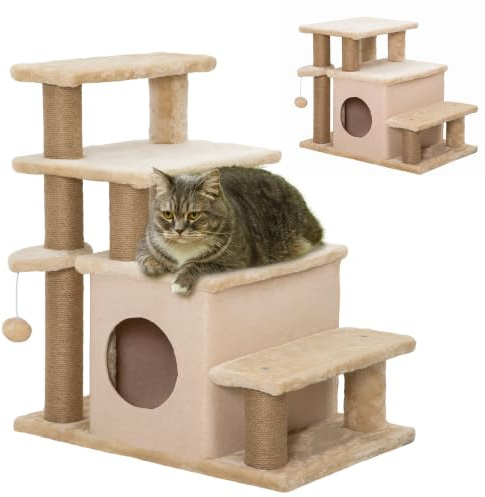 PawHut Dog Steps for Bed, 4 Step Pet Stairs with Cat House for Sofa Beige | Detachable Cover, Jute Scratching Post, Cat Climb Ladder, Hanging Balls