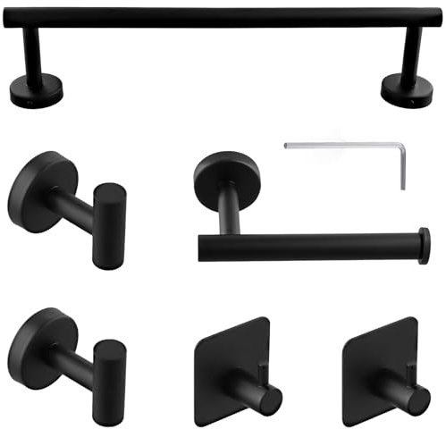 MUKSEUT Bathroom Accessories Set of 6, 40CM Black Towel Rail, Toilet Roll Holder, Wall Mounted Hooks, Bathroom Hardware Kit for Bathroom Kitchen