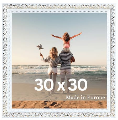 VictoR Vintage Bilderrahmen „Rubens“ in 30x30 cm Weiß Gold - Leiste: 30x20mm - Echtglas - Fotorahmen Barock - Antik - Bilderrahmen 30x30 Weiß - Quadratisch
