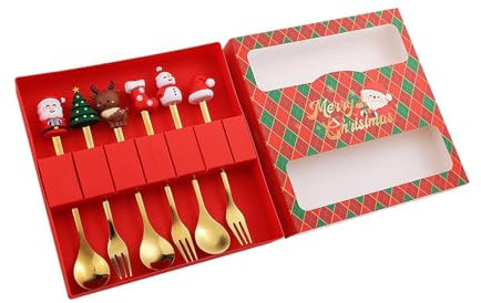 Baoblaze 6 Pieces Christmas Coffee Spoons Forks Set Flatware Cutlery Stainless Steel Pastry Forks and Tea Spoon for Party Mixing Sugar, Red Box
