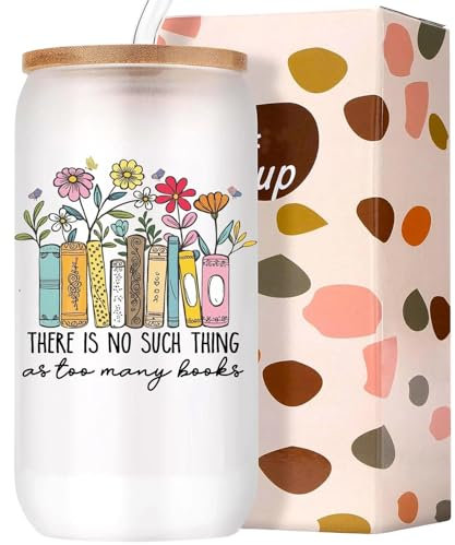 Leseogye Book Lovers Gifts for Women Book Lover Glass Cups with Lids and Straws 16oz Coffee Cups Glass Bookish Gifts for Readers Bookworms Teacher Student Her Best Friends