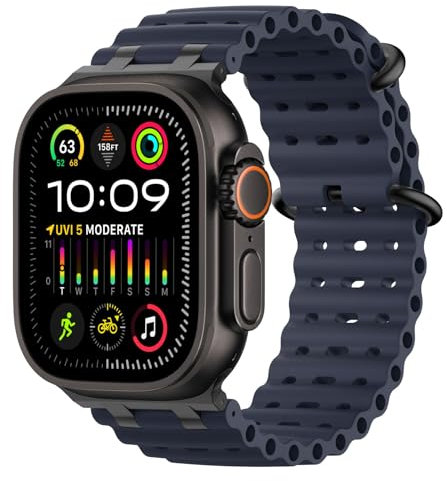 MoKo Bracciale Migliorato in Silicone Sport Oceano per Apple Watch 49mm/46mm/45mm/44mm/42mm - Serie 10/9/8/7/6/5/4/3/SE2/SE/Ultra2/Ultra - Unisex, Nero/Blu Marino