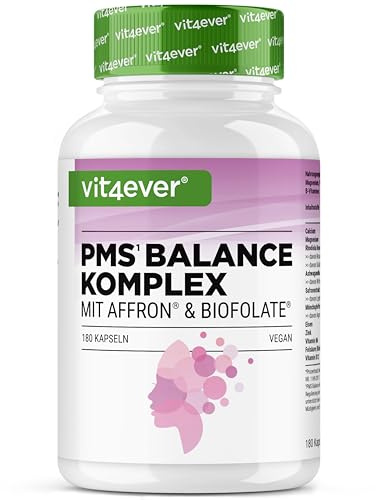 vit4ever PMS Komplex - 180 Kapseln - Mit Affron® & Biofolate® | Mit Mönchspfeffer, Ashwagandha, Rhodiola, Calcium, Magnesium, Eisen, Zink, Vitamin B6 & B12, Laborgeprüft