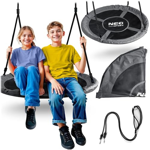 Neo-Sport Nestschaukel Outdoor 100 cm - Hängeschaukel mit Gestell - Maximale Belastung 150 kg - Wasserfest - Rund - Schwarz Grau