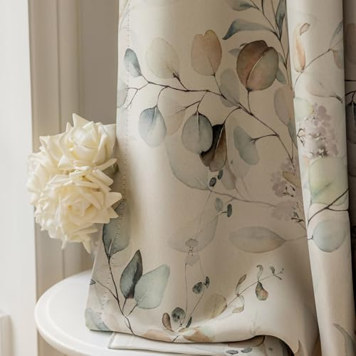 SUOUO Braune Verdunkelungsvorhänge mit Blumenmuster für Schlafzimmer, Gemustert, grünes Blatt, H 225 x B 140 cm, 2er-Set, Raumverdunkelung, Fenstervorhänge für Wohnzimmer