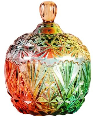 Falytemow Glass Crystal Candy Dish, Creative European-Style Iridescent Fruit Bowl with Lid for Tabletop Decoration, Dessert Snack Plate for Home, Office, Wedding Decor (Diamond Pattern, 1pcs)