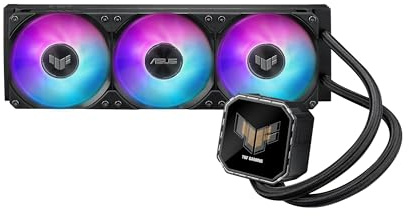 ASUS TUF Gaming LC III 360 ARGB LCD mit vorinstallierten und integrierten Dreifachventilatoren für hohen Luftstrom und statischen Druck; 7,1 cm LCD für Hardware-Überwachung, benutzerdefinierte GIFS