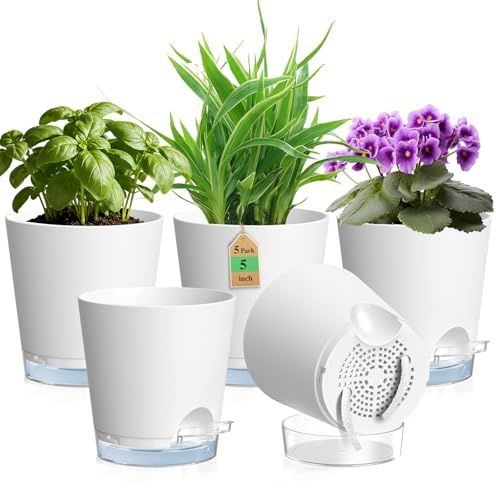 WSMKSZ 12.7cm Self Watering Plant Pots Indoor, 5 Pack Small Flower Pots | 5 inch Plastic Nursery Pots for House Plants with Clear Reservoir, Visible Water Level & Drainage Holes, Cotton Wick, White