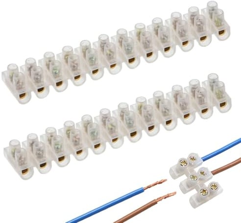 3A 12 Way Electrical Connector Blocks, 3 Amp 12 Way White Terminal Block Strip, Screw Type Choc Block Terminal Strip, Flathead with Easy Attachment Holes for Wiring Cable (2)