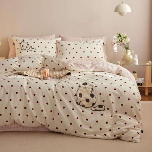 Lanqinglv Bettwäsche 135x200 Rot Herzen Stickerei für Kinder Mädchen | ÖKO-TEX Zertifiziert,Aesthetic Bettwäsche für Allergiker,4 Jahreszeiten Set,Bettbezug 1 Kissenbezüge 80x80 mit Reißverschluss