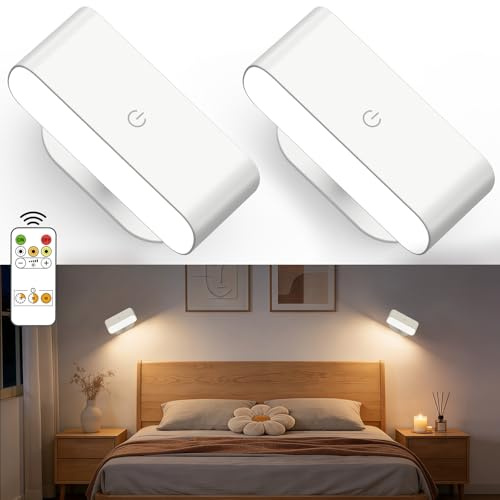 Lacasa Battery Operated Wall Sconces Set of 2, Rechargeable Stick On Magnetic Wall Lights with Remote Control for Bedroom, 3 Modes Dimmable LED Wall Mounted Light Bedside Reading Wall Lamp for Indoor