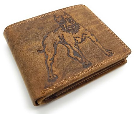Premium Büffelleder Unisex Geldbörse mit Motiv-Prägung - RFID Schutz - 16 Fächer Geldbeutel Portemonnaie Querformat Hunterleder Brieftasche mit Münzfach und Reißverschluss braun (Bulldogge braun)