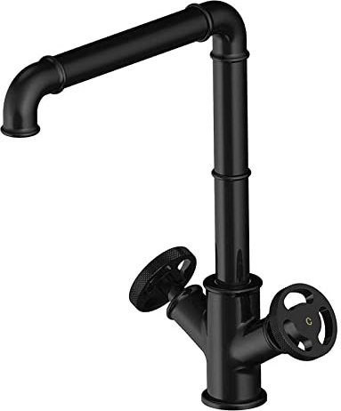 Robinets d'évier de cuisine noirs, robinet mitigeur style steampunk industriel en laiton, à double volant monté sur le pont, robinets bec pivotant 360 °