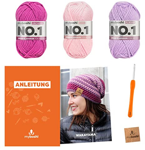 myboshi Häkelset Beanie Wakayama, Häkelset für Anfänger, inkl. No.1 Wolle, Nadel und Anleitung, Label, Häkelpaket für Anfänger, 30% Merinowolle Rosa mit Häkelnadel