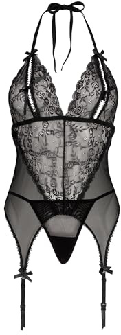 Lovehoney Lingerie Peek-a-Boo Merry Widow Lace Bustier Set - Halter Neck, G String & Suspenders - Sexy Womens Lingerie Set - Sizes: 8-22