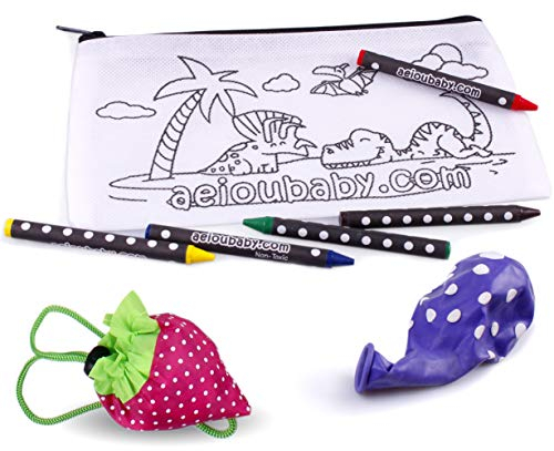 25 Estuches para Colorear + 1 Bolsa Reutilizable | 25 Bolsas Individuales con 5 Ceras de Colores y Globo | Regalo niños Fiestas y cumpleaños (Dinos)