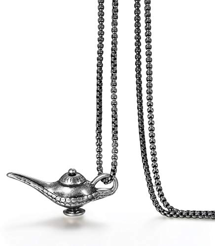 JewelryWe Schmuck Edelstahl Aladdin Magische Lampe Anhänger mit 70cm Kette, Retro Halskette für Herren, Silber