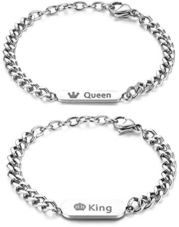 JewelryWe Schmuck Pärchen Armband Edelstahl King & Queen Krone Panzerkette Freundschaftsarmband Valentinstag Lieben Geschenk Partnerarmband Paar Armreifen mit Gravur für Herren Damen Silber