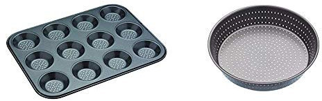 masterclass KitchenCraft Crusty Bake Baking Tray/Mince Pie Tin, 12 Holes, Silver & MasterClass Crusty Bake Non-stick Pie Pan/Tart Tin, Grey, 23 cm