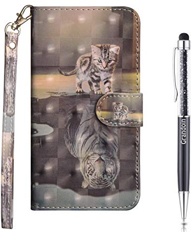 Grandoin Hülle für iPhone 11 Pro (5,8 Zoll), 3D PU Leder Etui Flip Cover Bunte Muster Book Case Schutzhülle Handytasche Handyhülle [Ständer Kartenfach] [Magnetverschluss] (Katze Und Tiger)
