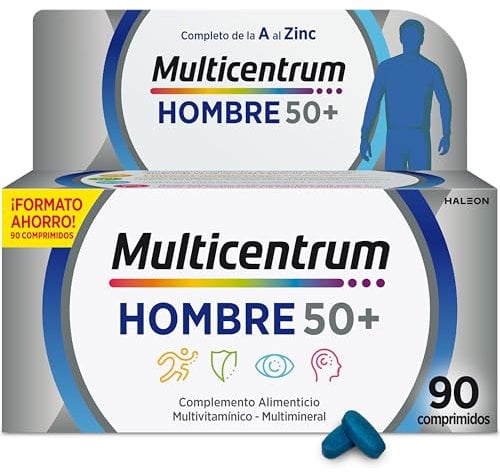 Multicentrum Hombre 50+ Complemento Alimenticio Multivitamínico y Multimineral Para Hombres 50+, Con Magnesio y Vitamina C, Sin Gluten, 90 Comprimidos