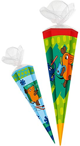 alles-meine.de GmbH Schultüte - Die Sendung mit der Maus - 85 cm - 6 eckig - Tüllabschluß - Zuckertüte - mit/ohne Kunststoff Spitze - Jungen Mädchen - Blauer Elefant - gelbe En..