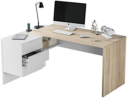 Mobelcenter - Mesa de Oficina Modelo Office - Mesa despacho Ordenador con 3 cajones - Color Blanco Artik Mate y Roble Canadian - 1150