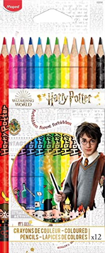 Maped - Pinturas de Madera - Colección Harry Potter - 12 Pinturas de Colores Decoradas con Diseño Lúdico - Minas Resistentes - Agarre Ergonómico - Fáciles de Afilar